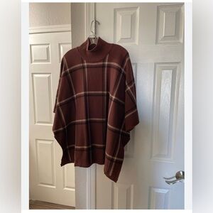 Brown Plaid Women Poncho‎ Sweater  Mock Neck   Thick Quality ruffled